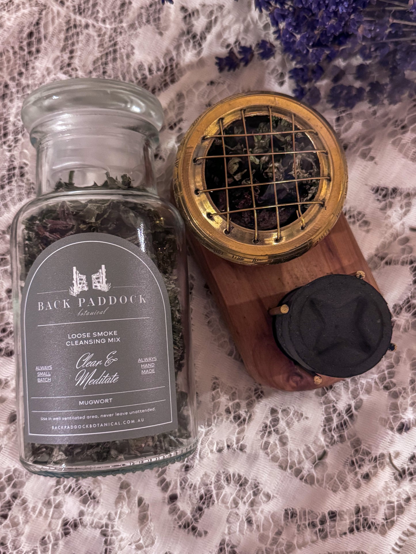 Smoke Cleansing Kit: Small Brass Burner with Round Timber Base