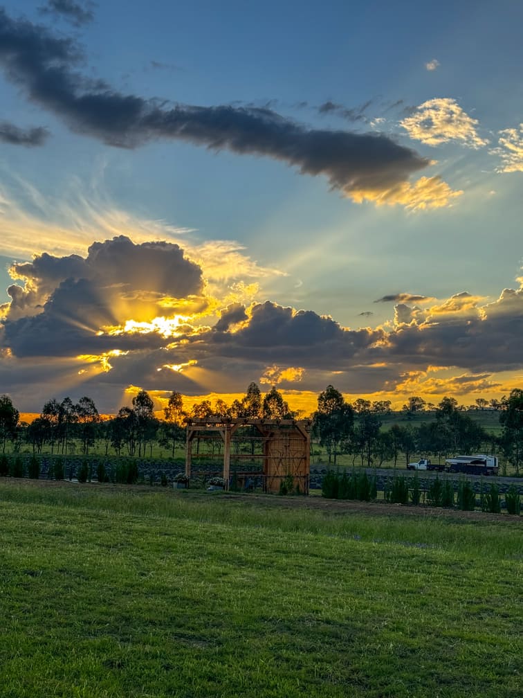 Sunset over lavender and rosemary fields with a pergola