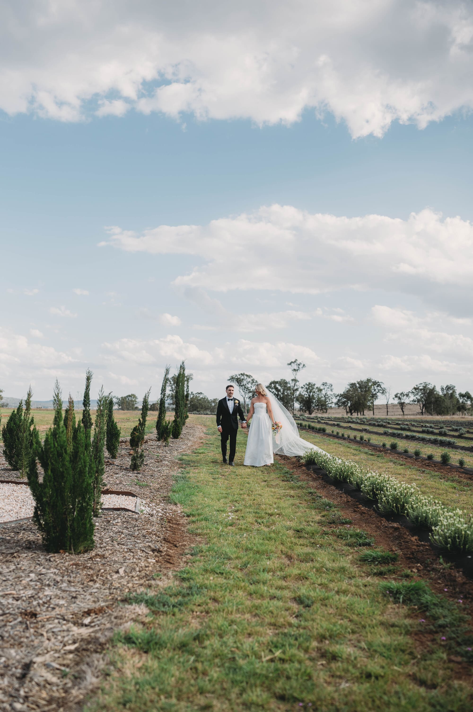Couple walking between rows of lavender at Back Paddock Botanical