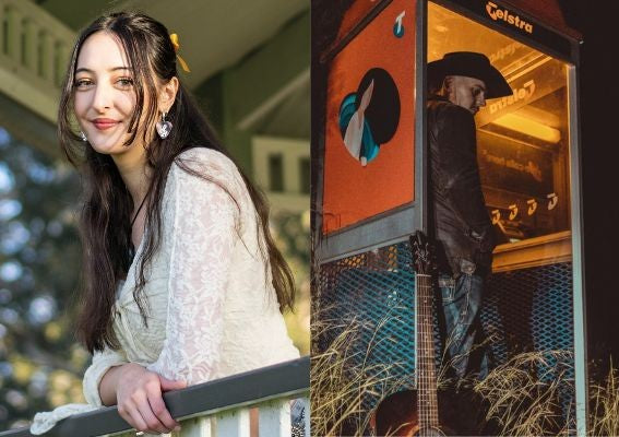 Collage of the two artists performing at the Picnic and Posy event, including a woman with brown hair in a cream outfit  standing in a pergola and a man with leather jacket and jeans in a Telstra phone booth.