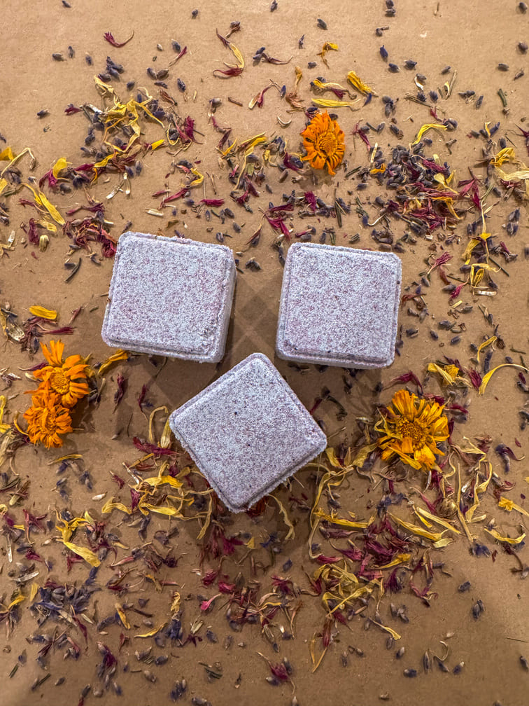 Three cube shower steamers infused with lavender, cypress blue and nerolina essential oils, on a bed of dried flowers.